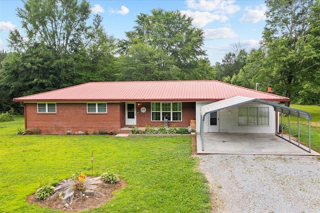 ranch-style house with a carport and a front lawn