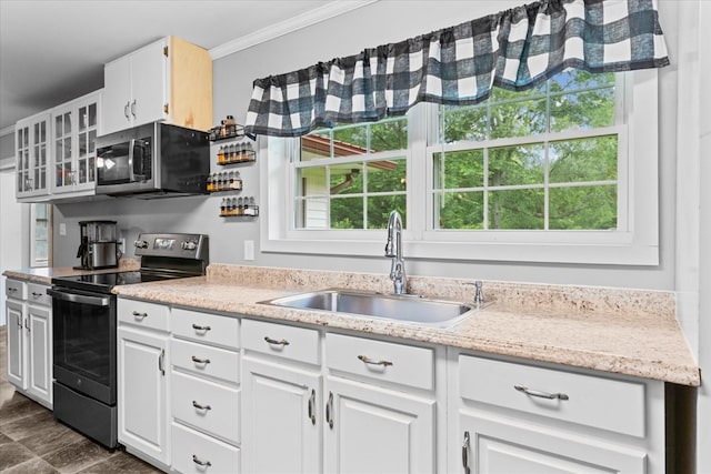 kitchen featuring sink, crown molding, stainless steel appliances, a wealth of natural light, and white cabinets