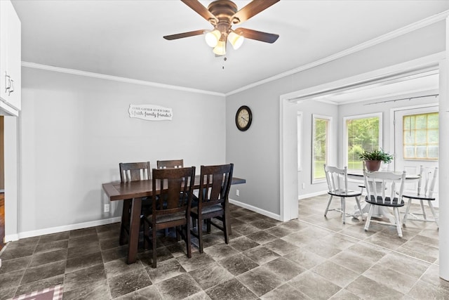 dining area with ornamental molding and ceiling fan