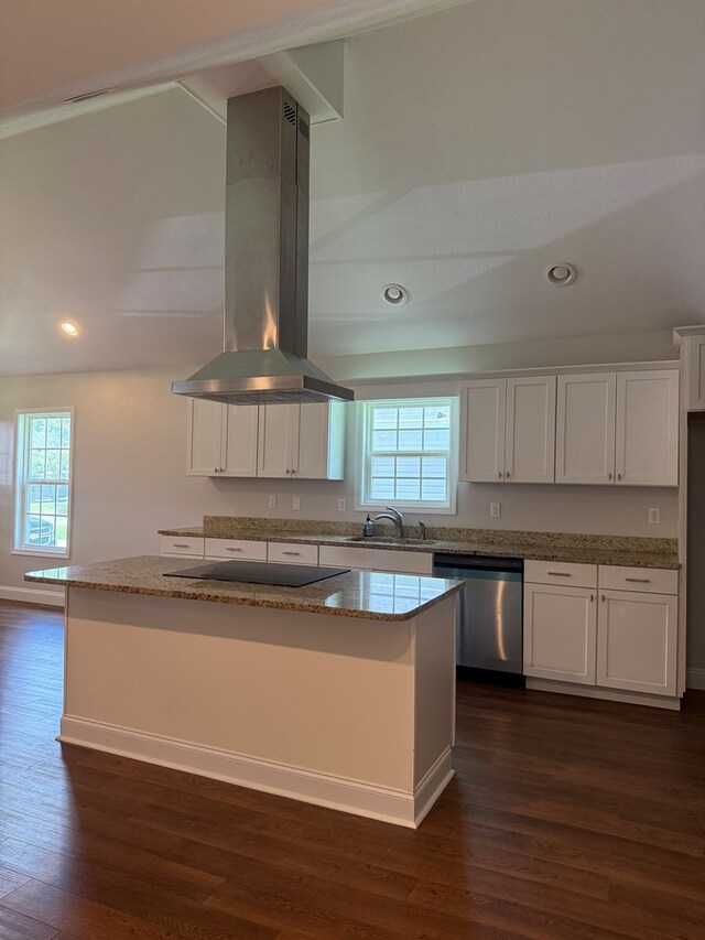2305 Epperson Dr, Dalton, GA 30721 - kitchen with stainless steel dishwasher, island range hood, dark wood-style flooring, healthy amount of natural light, and recessed lighting