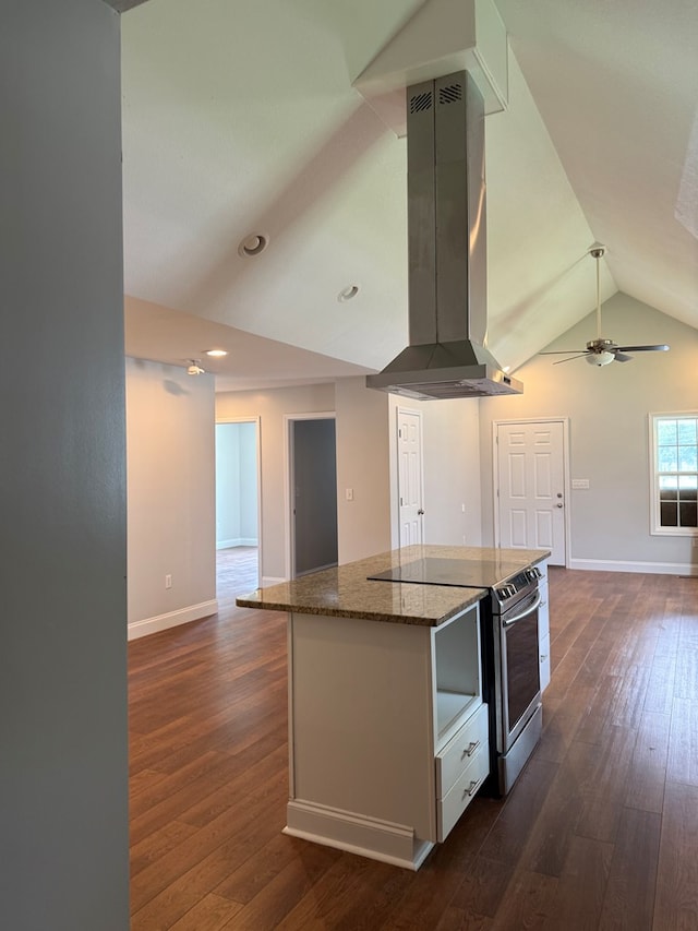 2305 Epperson Dr, Dalton, GA 30721 - kitchen featuring stainless steel electric stove, island exhaust hood, open floor plan, a kitchen island, and lofted ceiling