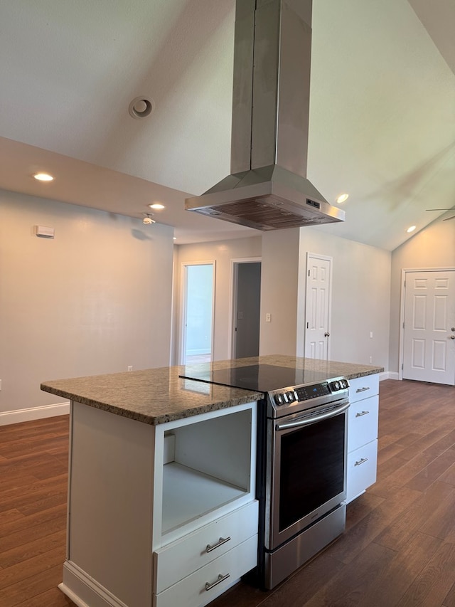 2305 Epperson Dr, Dalton, GA 30721 - kitchen with electric stove, ventilation hood, a kitchen island, dark wood-style flooring, and dark stone counters