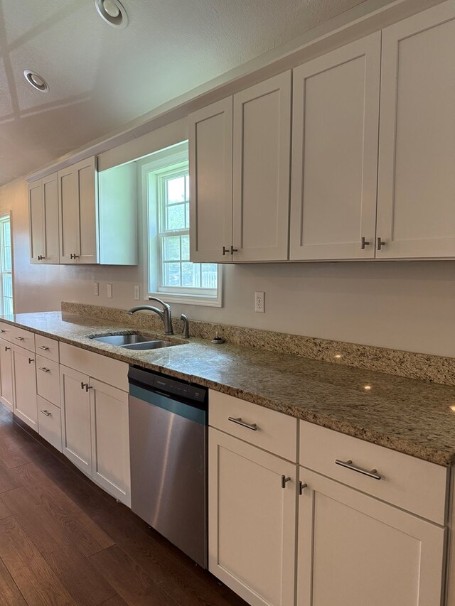 2305 Epperson Dr, Dalton, GA 30721 - kitchen with dishwasher, dark wood-type flooring, white cabinetry, light stone countertops, and recessed lighting