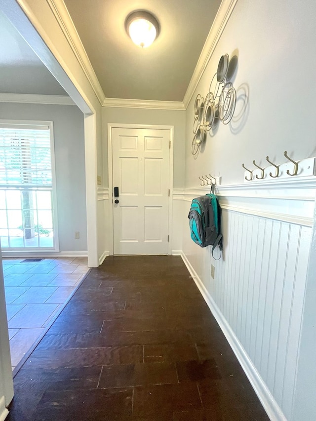 1229 Valencia Dr, Dalton, GA 30720 - doorway to outside with a wainscoted wall, dark wood finished floors, and ornamental molding
