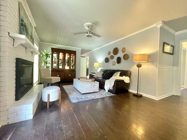 1229 Valencia Dr, Dalton, GA 30720 - living room featuring ornamental molding, hardwood / wood-style floors, a fireplace, and ceiling fan