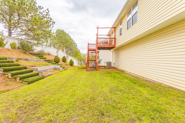 128 Andasol Way, Dalton, GA 30720 - view of yard with central AC unit, a wooden deck, fence, and stairway