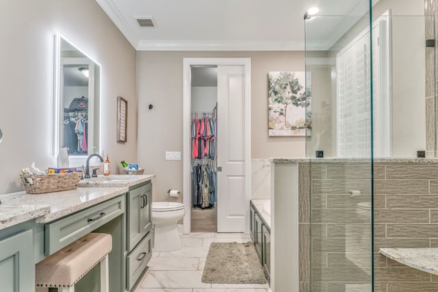 bathroom with ornamental molding, toilet, vanity, and a washtub