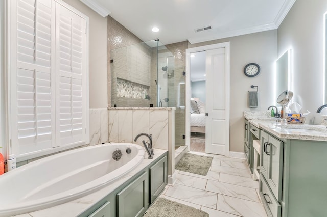 bathroom with ornamental molding, shower with separate bathtub, and vanity