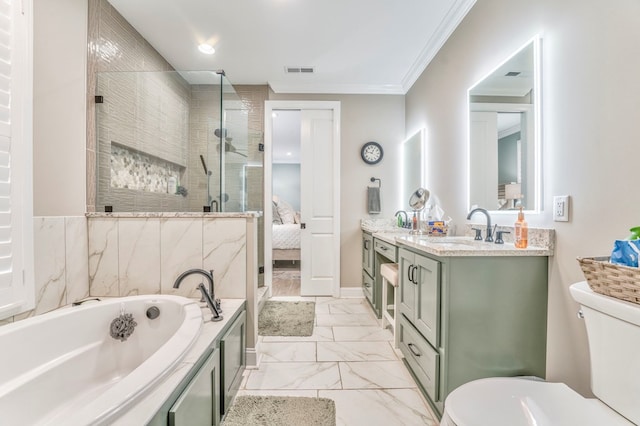 full bathroom featuring ornamental molding, toilet, vanity, and plus walk in shower