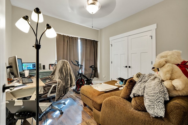 office featuring hardwood / wood-style flooring and ceiling fan