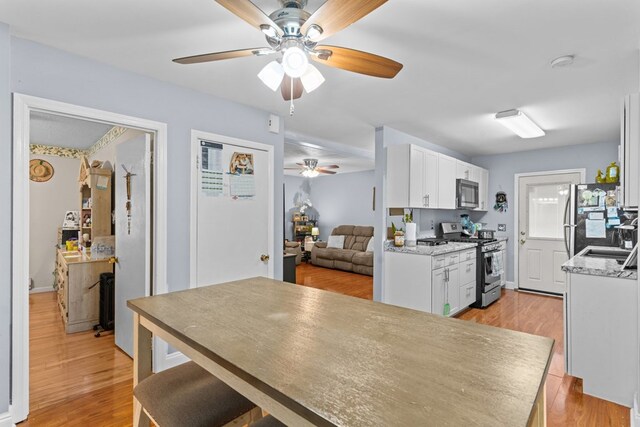 1369 Lida St, Dalton, GA 30721 - kitchen with appliances with stainless steel finishes, ceiling fan, white cabinets, and light wood-style flooring