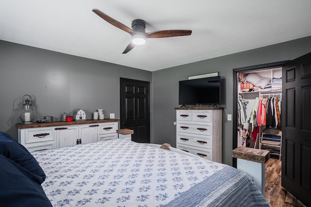 2163 Red Leaf Ln, Soddy Daisy, TN 37379 - bedroom featuring wood finished floors, a walk in closet, a closet, and ceiling fan