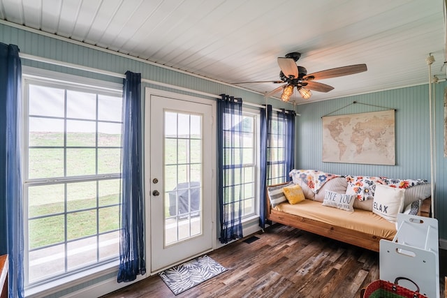 2163 Red Leaf Ln, Soddy Daisy, TN 37379 - doorway to outside featuring dark wood-style floors and a ceiling fan
