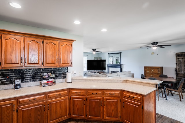 2163 Red Leaf Ln, Soddy Daisy, TN 37379 - kitchen with ceiling fan, a peninsula, tasteful backsplash, open floor plan, and recessed lighting