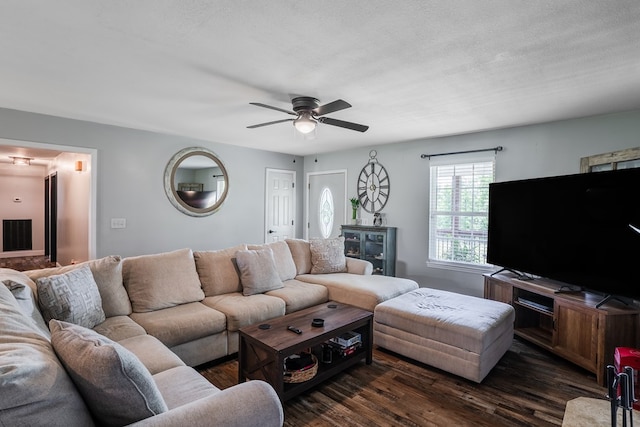 2163 Red Leaf Ln, Soddy Daisy, TN 37379 - living room with a ceiling fan and dark wood-style floors