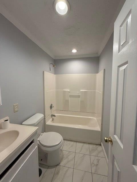 full bathroom featuring shower / bath combination, vanity, ornamental molding, a textured ceiling, and toilet