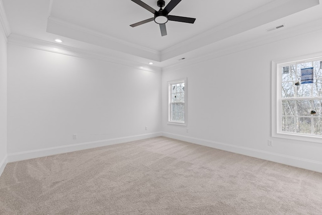 carpeted spare room with ornamental molding, plenty of natural light, and a tray ceiling