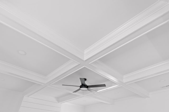 room details featuring ornamental molding, coffered ceiling, and beam ceiling