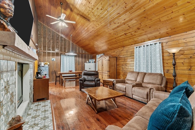 5120 Cleveland Hwy, Cohutta, GA 30710 - living area featuring wood walls, vaulted ceiling, wood-type flooring, a ceiling fan, and wood ceiling