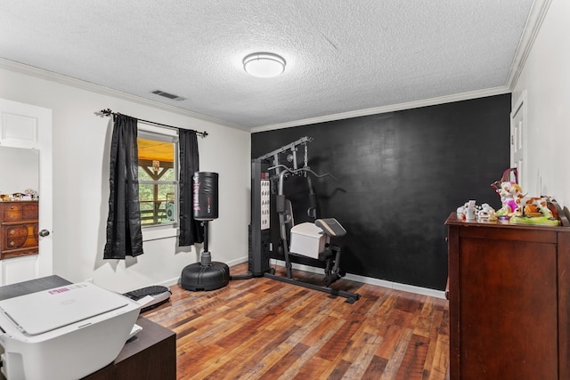 5120 Cleveland Hwy, Cohutta, GA 30710 - exercise area featuring wood finished floors, crown molding, and a textured ceiling