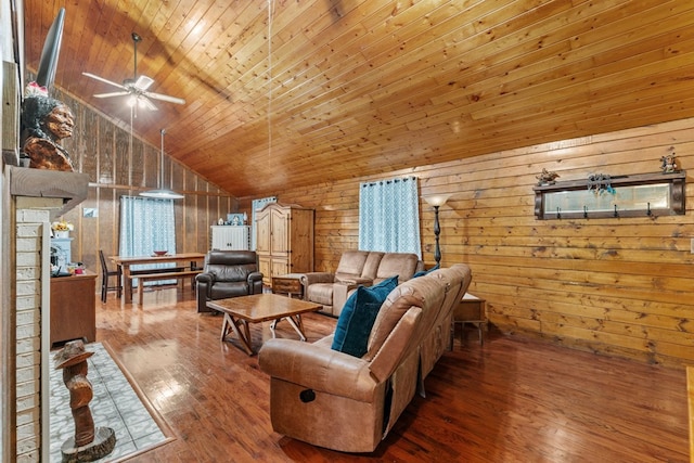 5120 Cleveland Hwy, Cohutta, GA 30710 - living area featuring lofted ceiling, wood walls, wood-type flooring, a ceiling fan, and wooden ceiling