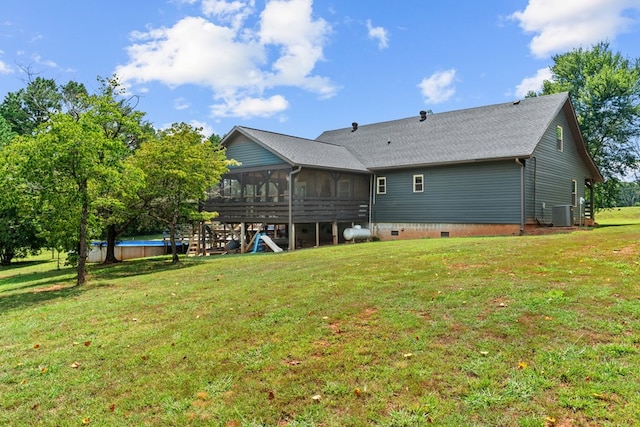 5120 Cleveland Hwy, Cohutta, GA 30710 - back of house with a sunroom, a lawn, an outdoor pool, and crawl space