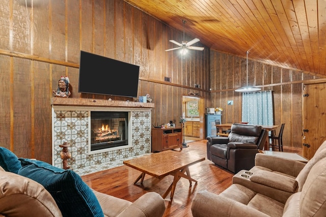 5120 Cleveland Hwy, Cohutta, GA 30710 - living room featuring wood finished floors, wooden walls, wood ceiling, a fireplace, and high vaulted ceiling