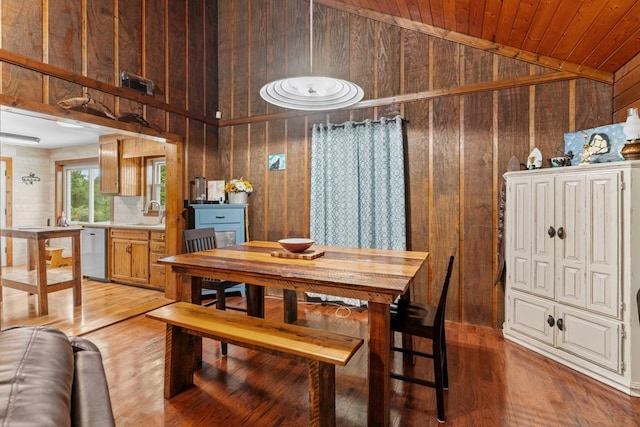 5120 Cleveland Hwy, Cohutta, GA 30710 - dining space featuring wooden walls, light wood finished floors, wood ceiling, and high vaulted ceiling