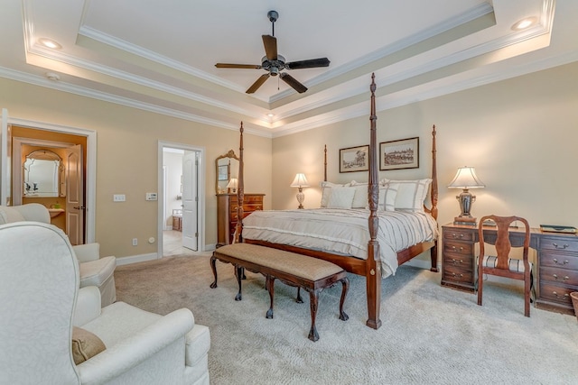 1909 Keystone Way, Dalton, GA 30720 - bedroom featuring a raised ceiling, crown molding, light carpet, ensuite bathroom, and ceiling fan