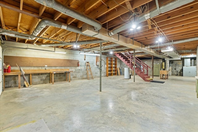 3932 Tibbs Bridge Rd, Dalton, GA 30721 - unfinished basement with stairs, a water softener, and concrete block wall