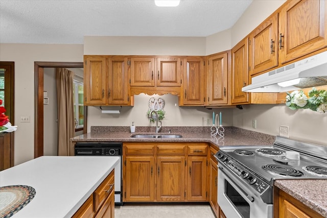 3932 Tibbs Bridge Rd, Dalton, GA 30721 - kitchen with electric range, white dishwasher, under cabinet range hood, brown cabinets, and a textured ceiling