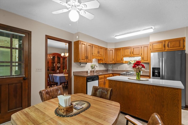 3932 Tibbs Bridge Rd, Dalton, GA 30721 - kitchen featuring under cabinet range hood, dishwasher, stainless steel fridge with ice dispenser, ceiling fan, and a center island