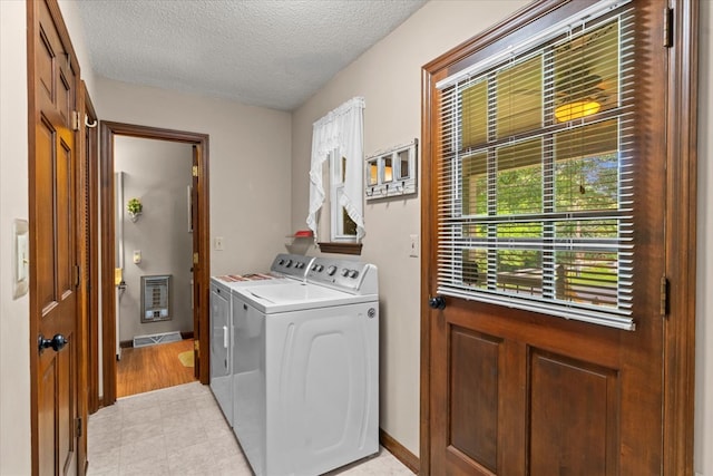 3932 Tibbs Bridge Rd, Dalton, GA 30721 - laundry room with washing machine and clothes dryer, heating unit, and a textured ceiling