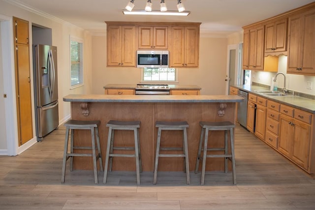 kitchen with crown molding, stainless steel appliances, sink, and a kitchen island