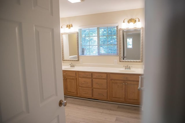 bathroom featuring vanity and wood-type flooring