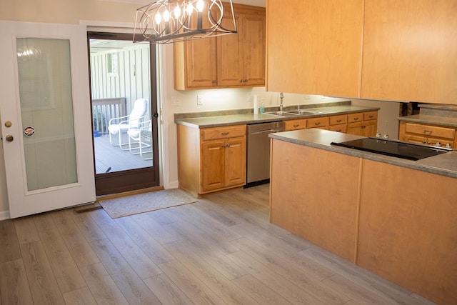 kitchen with pendant lighting, sink, stainless steel dishwasher, light hardwood / wood-style floors, and black electric cooktop