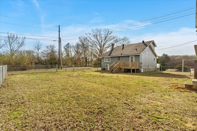 view of yard featuring a fenced backyard and a wooden deck