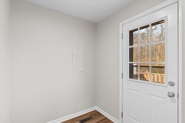 doorway to outside with electric panel, visible vents, baseboards, and dark wood-style flooring