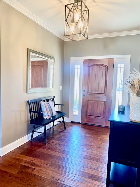 foyer entrance featuring ornamental molding, dark wood-type flooring, and plenty of natural light