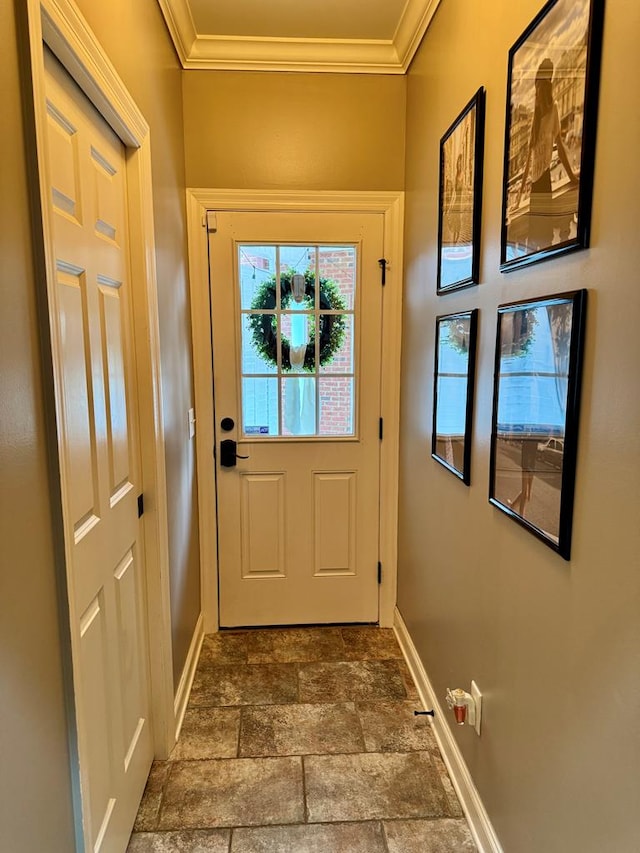 doorway to outside with ornamental molding