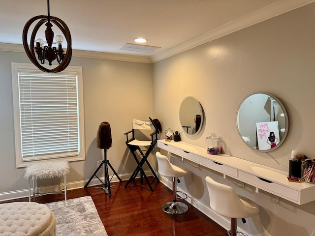 interior space with dark wood-type flooring, ornamental molding, and an inviting chandelier