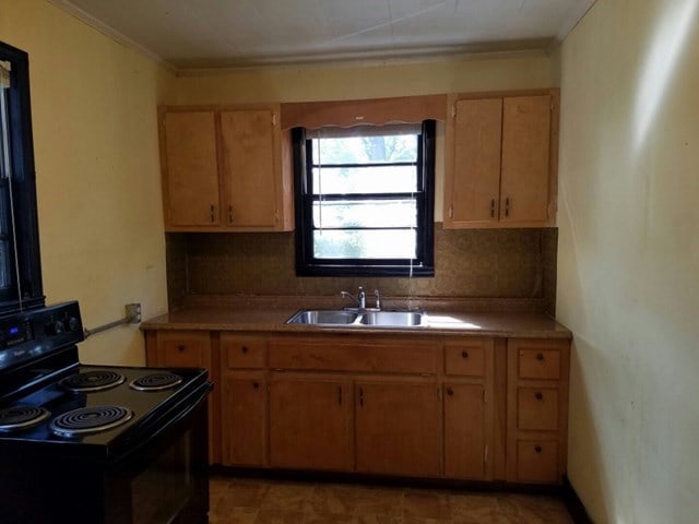 kitchen with ornamental molding, black electric range oven, sink, and backsplash