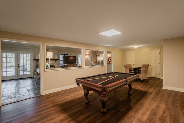 rec room featuring pool table, dark hardwood / wood-style flooring, and french doors