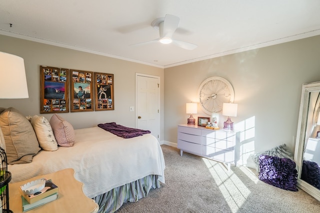 bedroom with crown molding, carpet, and ceiling fan