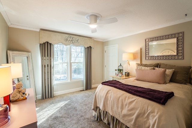 bedroom with ceiling fan, light colored carpet, and ornamental molding