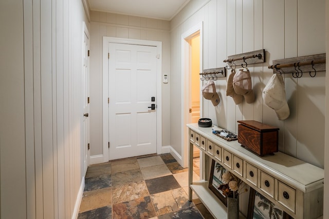 mudroom featuring ornamental molding