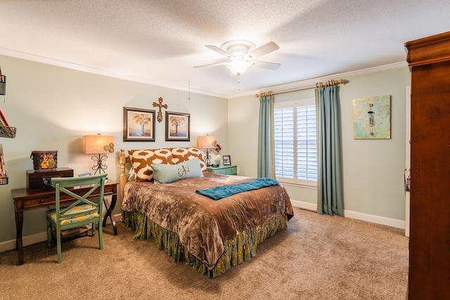 bedroom featuring crown molding, ceiling fan, light carpet, and a textured ceiling