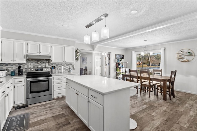 kitchen featuring hanging light fixtures, dark wood-type flooring, white cabinets, and stainless steel range with electric stovetop