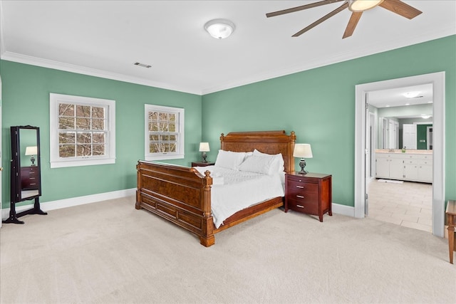 bedroom featuring visible vents, baseboards, ornamental molding, and carpet flooring