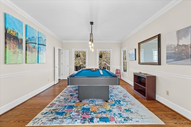 rec room with baseboards, wood finished floors, pool table, and ornamental molding